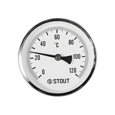 Термометр биметаллический аксиальный STOUT - 1/2" (D100мм, шкала 0-120°C, с гильзой 100мм)