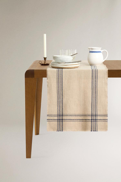 ZARA HOME КЛЕТЧАТАЯ ЛЬНЯНАЯ ДОРОЖКА, СИНИЙ