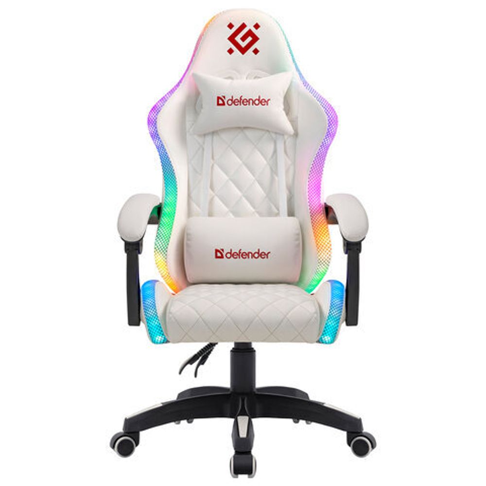 Кресло компьютерное DEFENDER "Energy", 2 подушки, RGB-подсветка, экокожа, белое, 64557