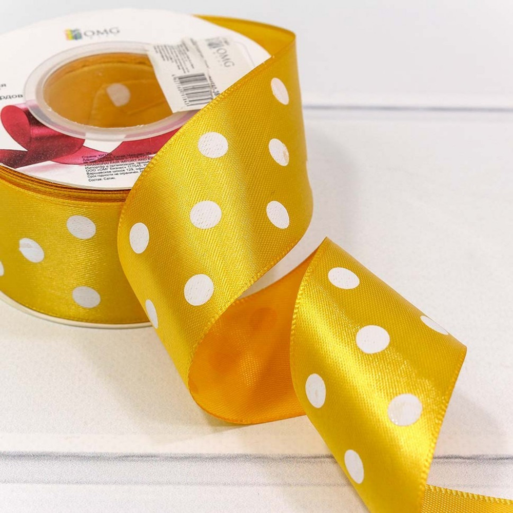 Лента Атласная 3,8см х 28м Сатин горох (Желтый)