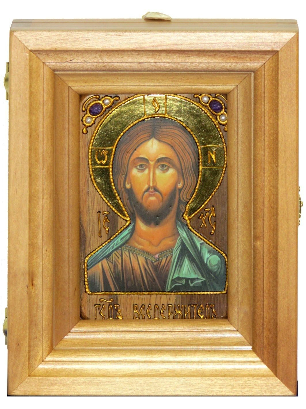 Подарочная икона Господь Вседержитель с нимбом из сусального золота 15х10см в березовом киоте