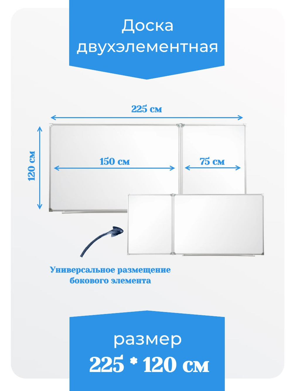 Двухэлементная(П) магнитная полимерная школьная доска 2250х1200 (маркерная)