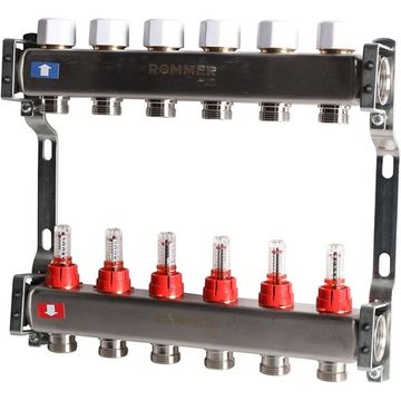 Коллектор Rommer 1"x3/4" на 6 контуров с расходомерами (нерж. сталь) RMS-1200-000006