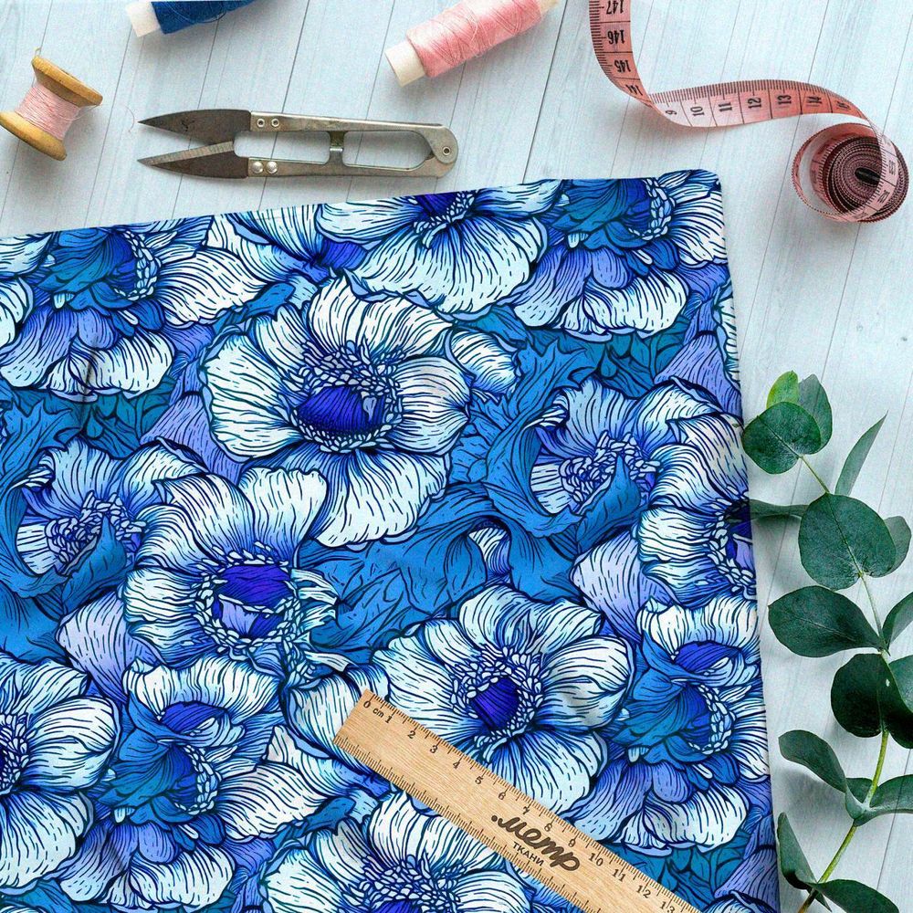 Ткань премиум интерлок бело-голубой цветник