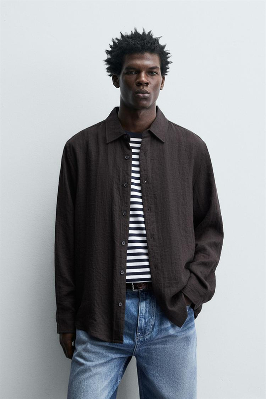 ZARА РУБАШКА RELAXED FIT ИЗ СТРУЯЩЕЙСЯ ТКАНИ, КОРИЧНЕВЫЙ