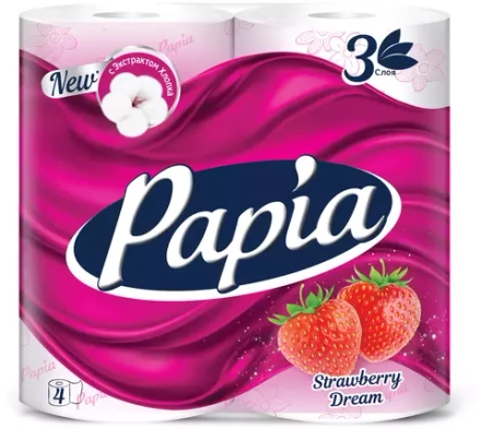 Туалетная бумага Papia Strawberry Dream белая трёхслойная 4 рул.