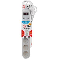 Сетевой фильтр ЭРА USF-5es-1.5m-USB-W с базовой защитой с заземлением с выключателем 5 розеток 1,5м 2хUSB 10А белый