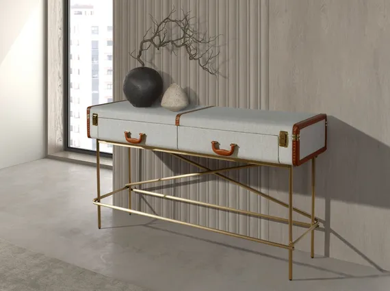 Консольный стол 3271 из шпона ореха и светло-серой ткани