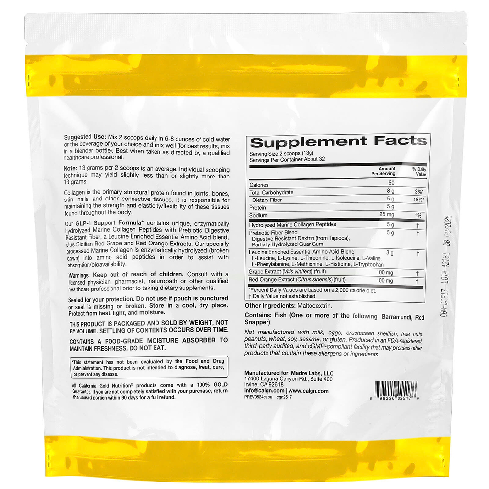 California Gold Nutrition, добавка для поддержания уровня ГПП-1 с пептидами гидролизованного морского коллагена, смесью пребиотической клетковины, устойчивой к расщеплению, и смесью незаменимых аминокислот, обогащённой лейцином, с нейтральным вкусом, 410 г (14,46 унции)