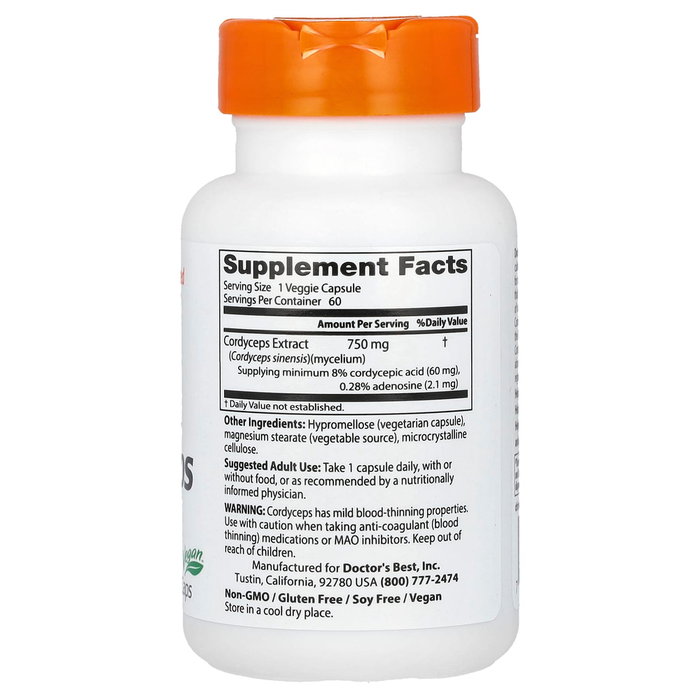 Doctor's Best, ультра кордицепс, 750 мг, 60 вегетарианских капсул