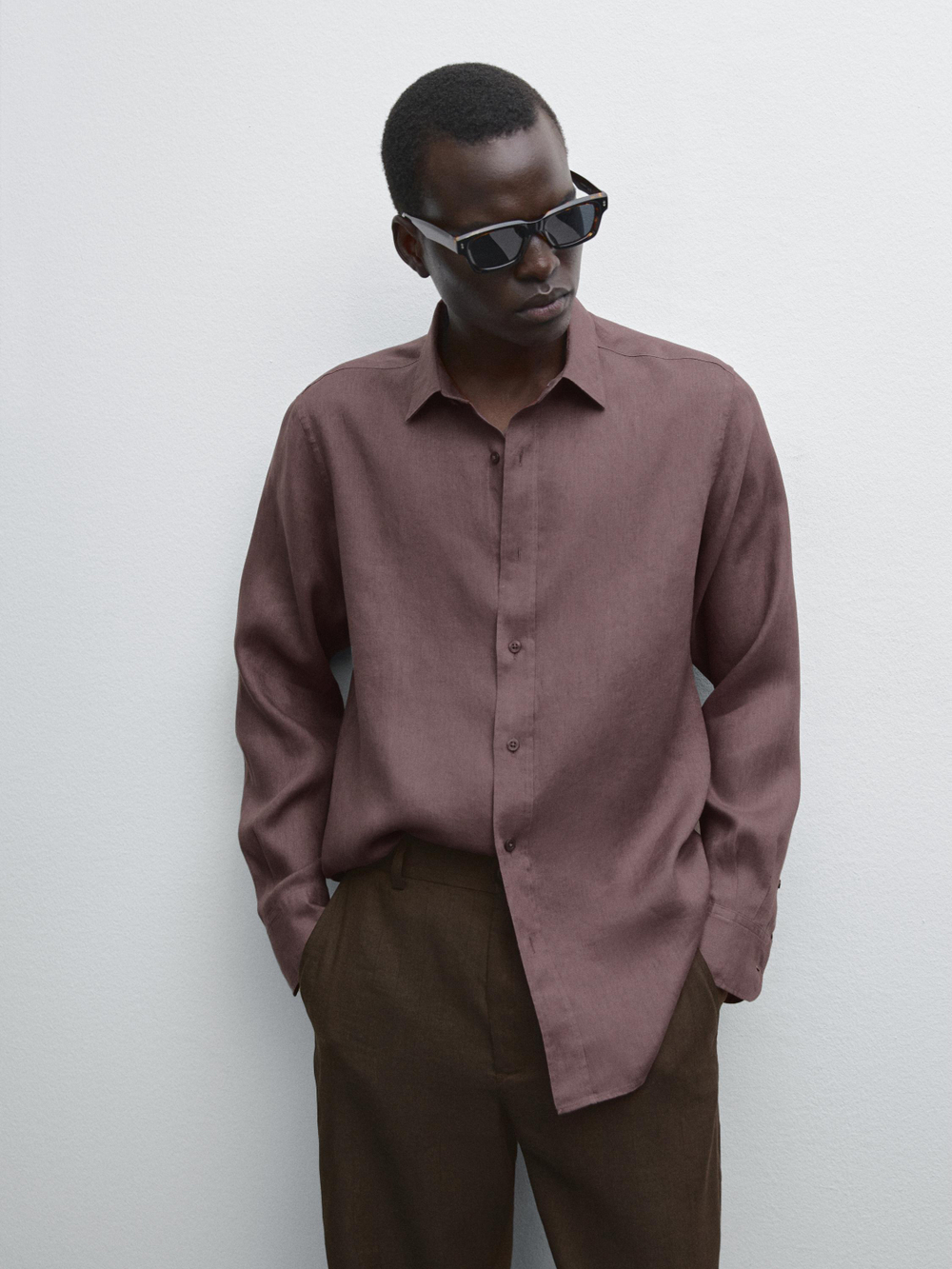 Massimo Dutti Рубашка приталенного кроя из 100% льна, баклажанный