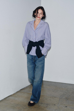 ZARA РУБАШКА С КОНТРАСТНОЙ ОТДЕЛКОЙ ZW COLLECTION, СИНИЙ/БЕЛЫЙ