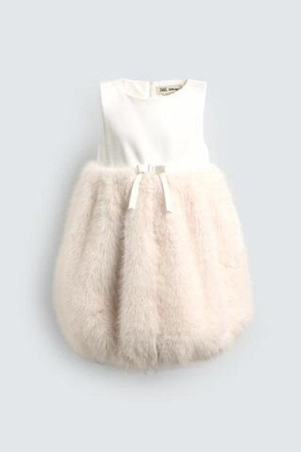 ZARA Х DISNEY КОМБИНИРОВАННОЕ ПЛАТЬЕ С ИСКУССТВЕННЫМ МЕХОМ, ЭКРЮ