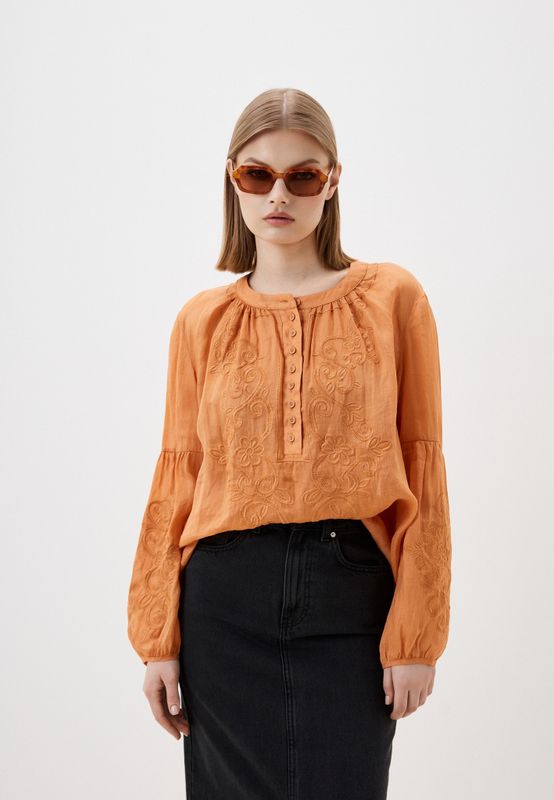 Блуза льняная с круглым вырезом и вышивкой