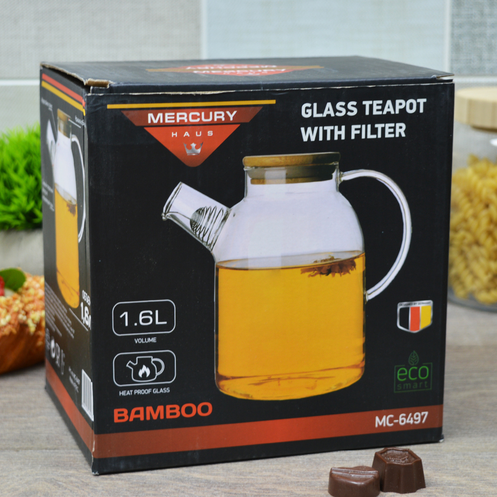 Чайник заварочный 1,6л "MercuryHaus" стеклянный с бамбуковой крышкой, MC-6497