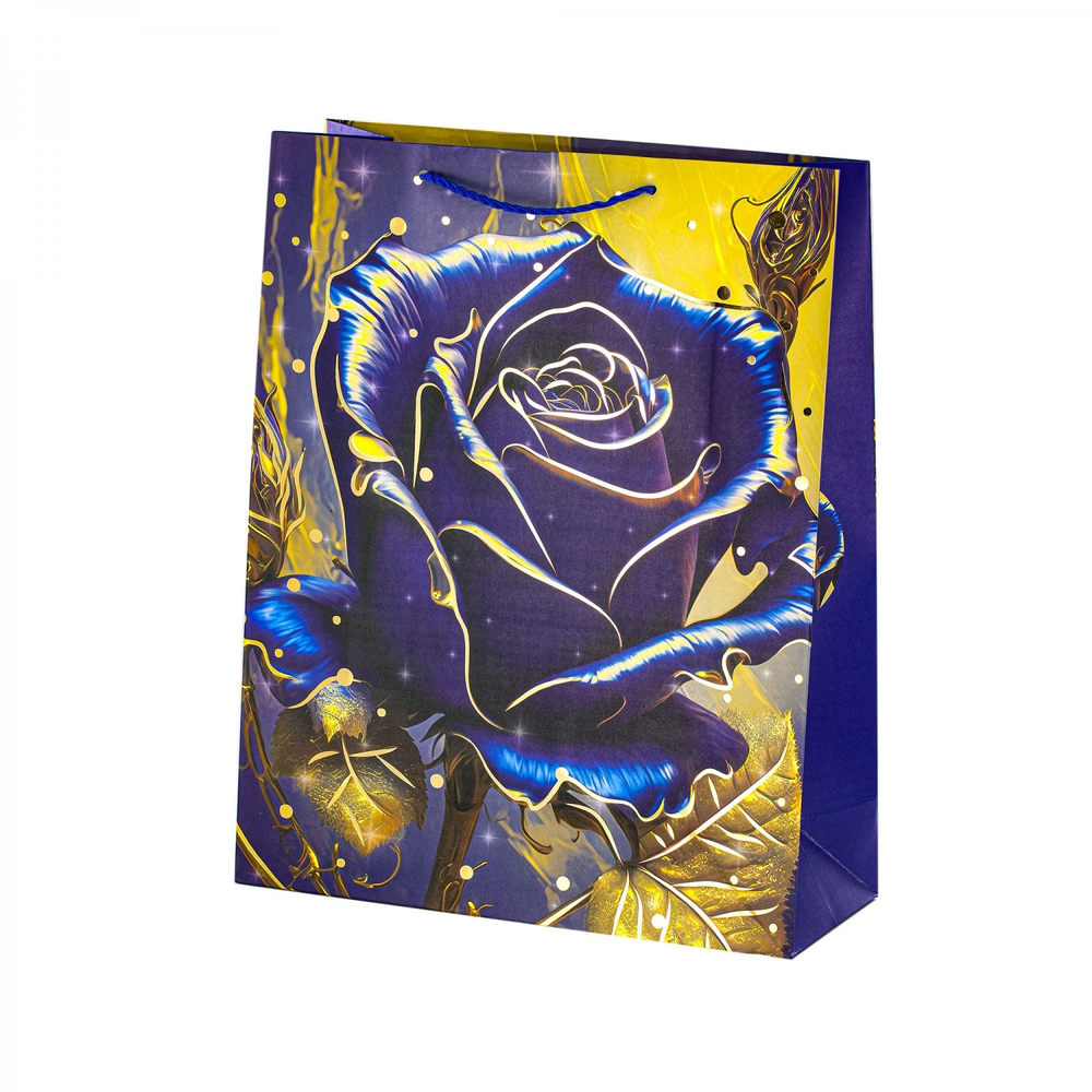 Пакет подарочный бумажный Alingar, (L+) 26х32х10 см, вертикальный, "Золотые розы", матов. ламинация, тиснеие, ассорти