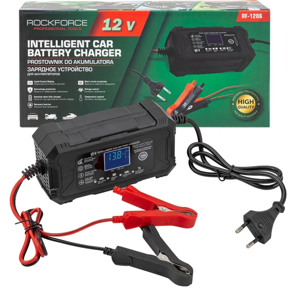 Устройство зарядное импульсное для АКБ с жидкокристаллическим дисплеем (12В,автостоп,функция восст.-я,защита от превыш.напряж. и короткого замыкания) RockForce RF-1206