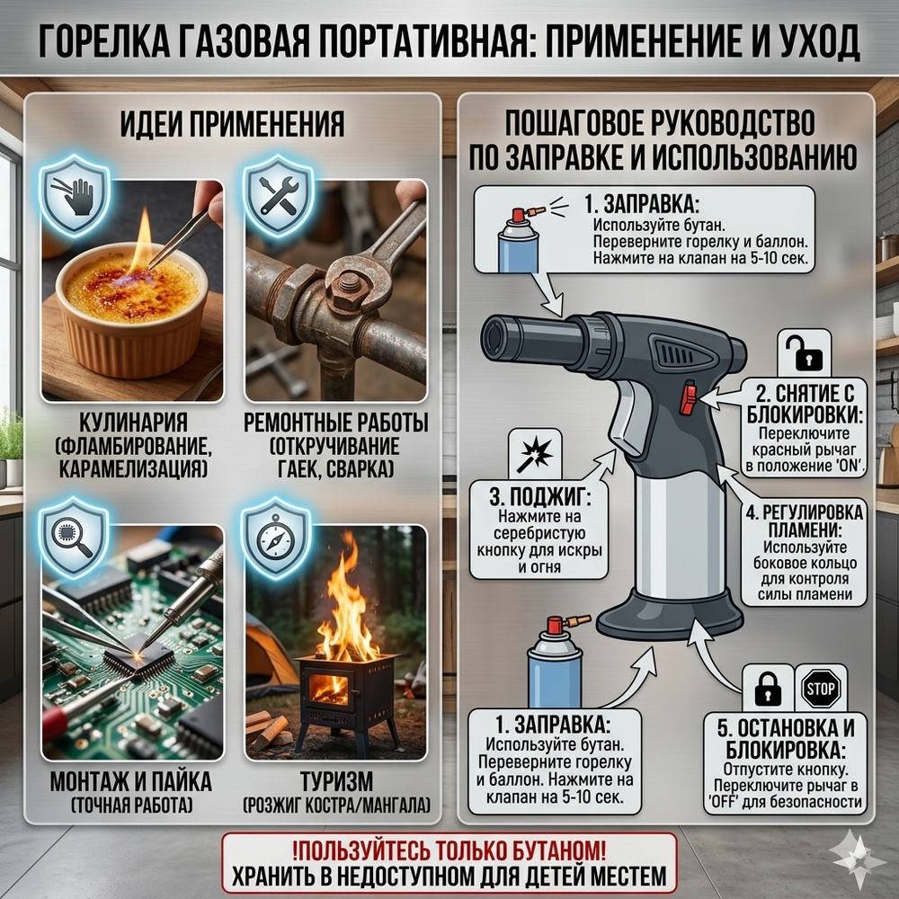Горелка газовая портативная с пьезоподжигом, заправляемая TM01