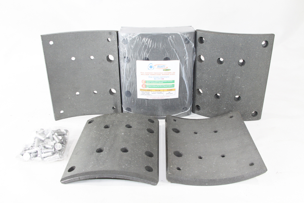 Рем. комплект тормозных накладок а/м МАЗ-101, 5440, КАМАЗ-6580, SHAANXI X3000 задняя ось (Сверлён./расточенные/с заклёпками/ширина 220мм./ к-т 8 шт./ повышенный ресурс при высокой нагрузке и перегрузке, конвейерное качество ОЕМ/ для барабонов с высоким износом/19488,19496, HD90149340094, 81.50221.0819, 5440-3502105, без отв.) R2 (STD+2mm) RUATI HD