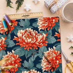 Ткань Барби хризантемы на сероголубых листьях