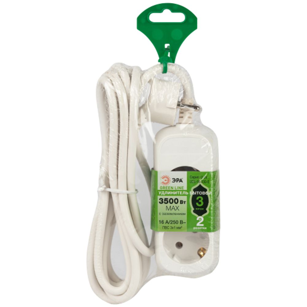Удлинитель электрический ЭРА UDL-16-230-E Greenline 2 розетки с заземлением 3м ПВС 3x1мм2