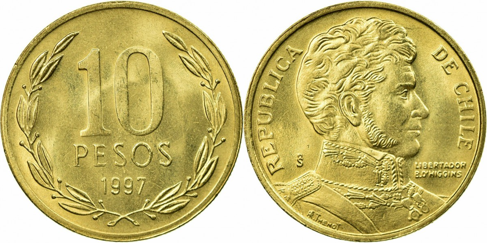 Чили 10 песо, 1990-2022 Бернардо О’Хиггинс XF