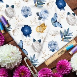 Ткань флис голубые и золотые бабочки и розы