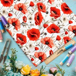 Ткань премиум таффета поле красных маков