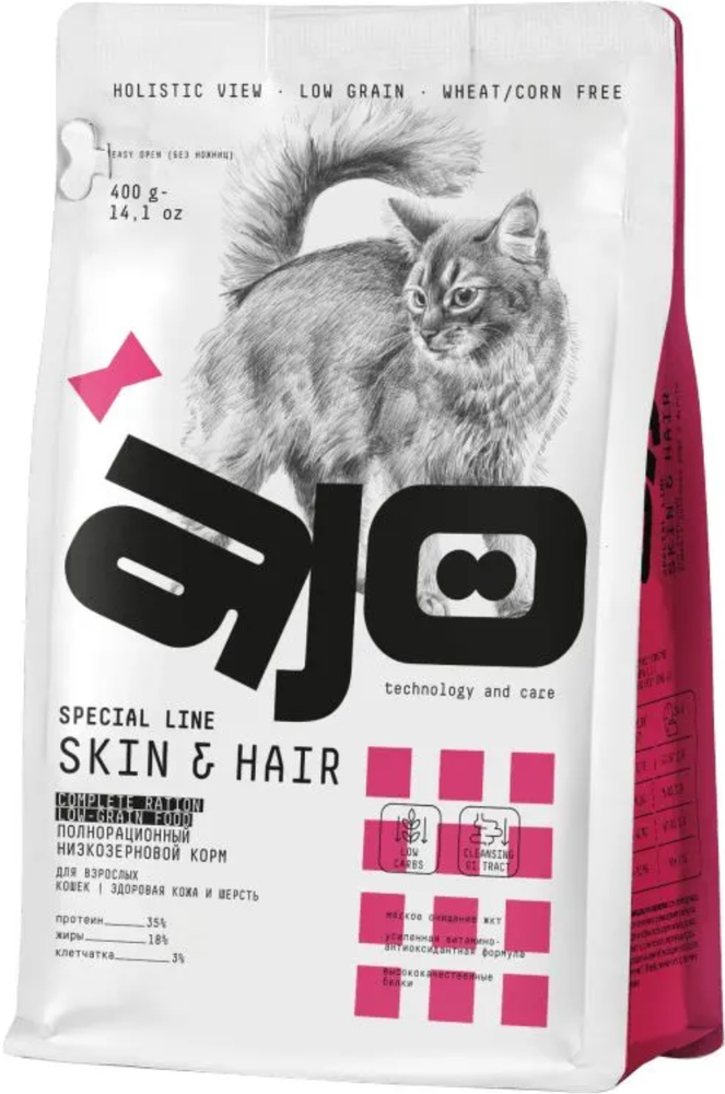 AJO 400г. Cat Skin &amp; Hair корм для кошек здоровая Кожа и красивая Шерсть