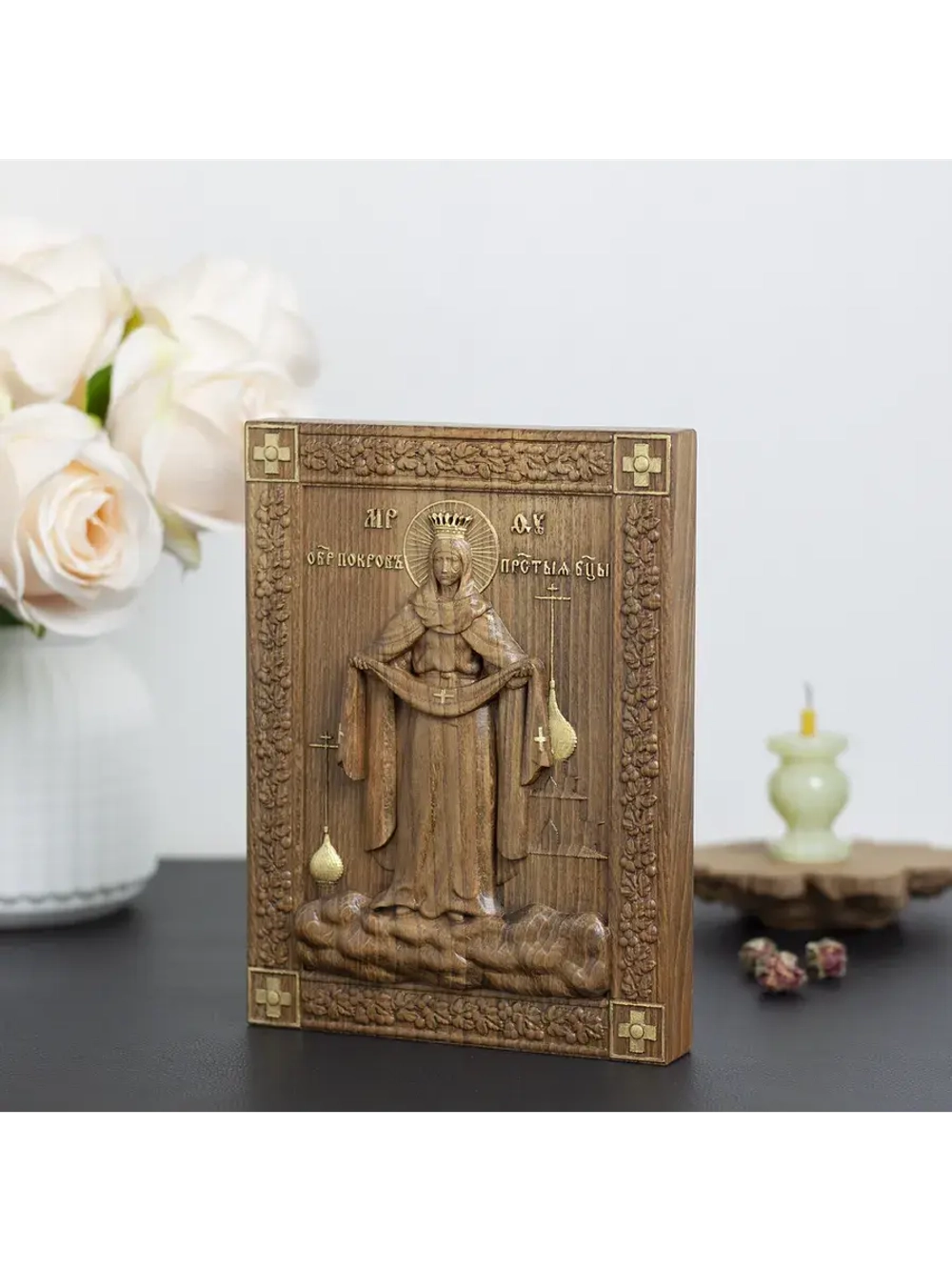 Покров Пресвятой Богородицы икона деревянная резная, бук