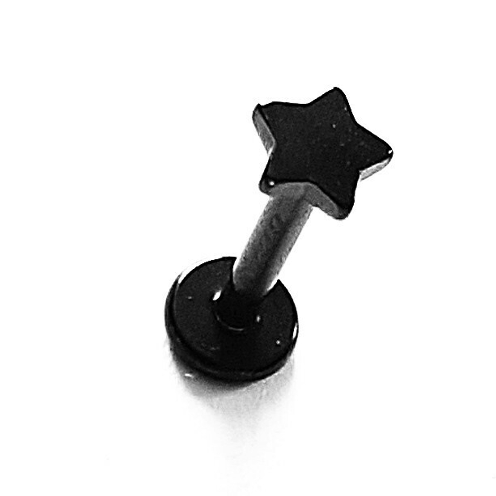 Серьга для пирсинга губы 8 мм "Черная Звездочка", толщина 1,2 мм. Медицинская сталь, титановое покрытие. 1шт.