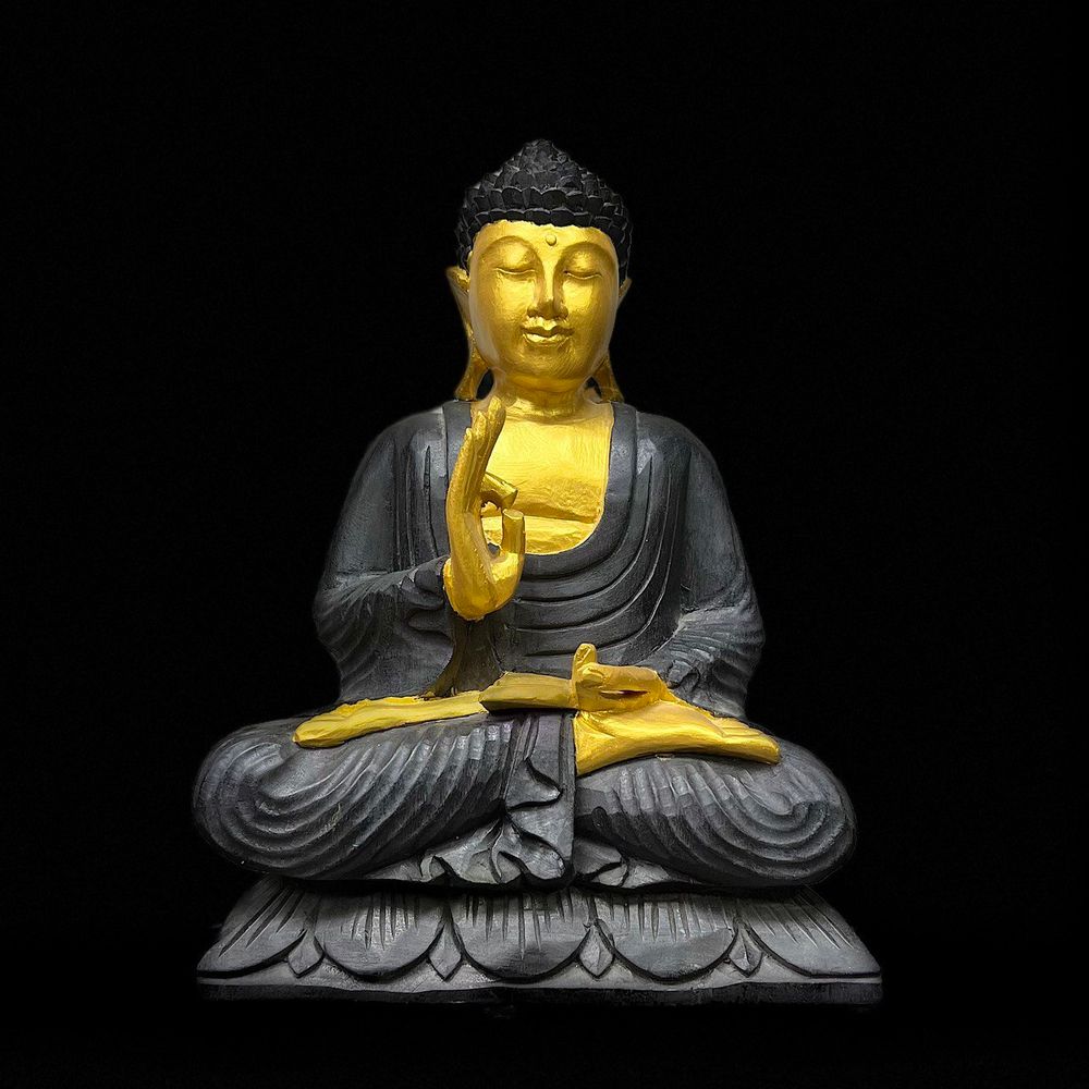 Статуэтка Золотой Будда в медитации в черном одеянии сидящий на лотосе, дерево суар, 23 x 13 x 30 см.