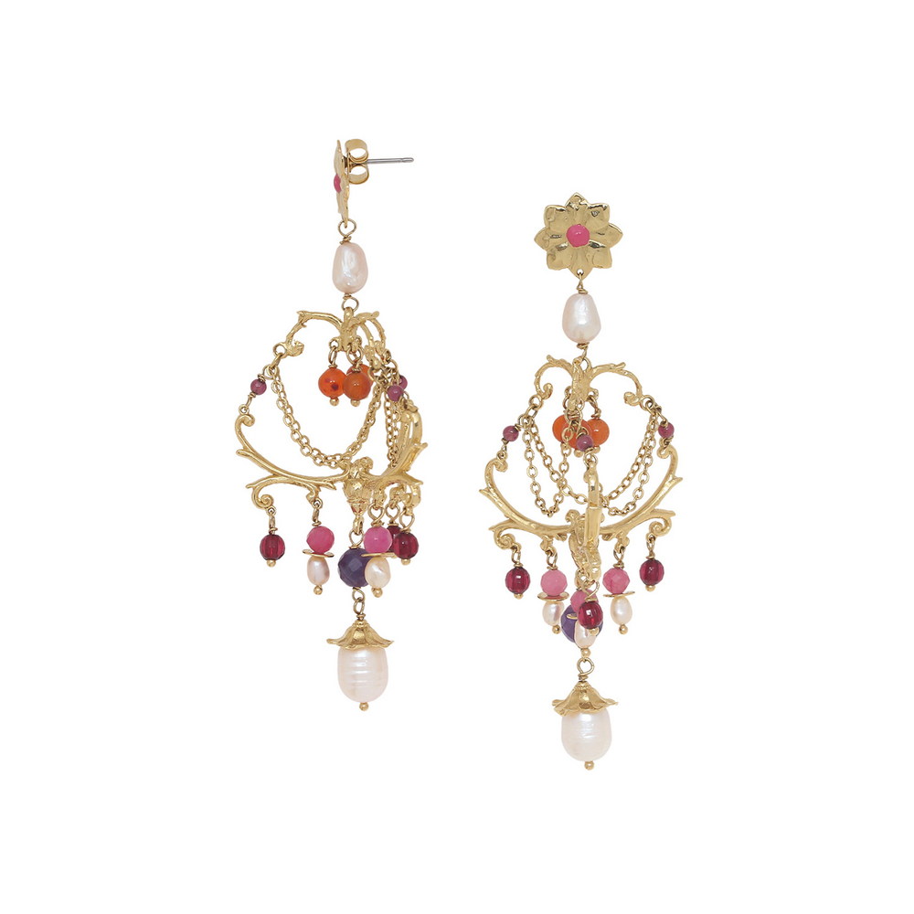 Серьги Franck Herval, Jeanne, с жемчугом, агатом, нефритом, гранатом, аметистом и цветной эмалью, FH