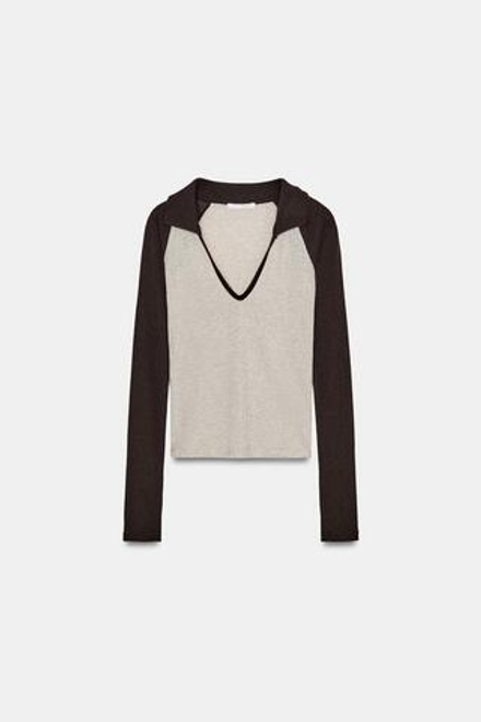 ZARA ФУТБОЛКА ПОЛО С КОНТРАСТНЫМИ ЭЛЕМЕНТАМИ, БЕЖЕВЫЙ МЕЛАНЖ
