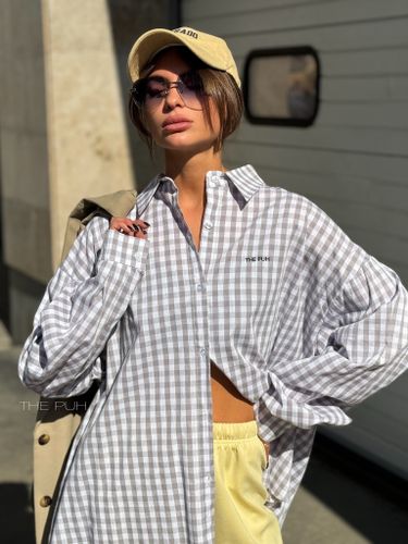 Серая хлопковая оверсайз рубашка в клетку