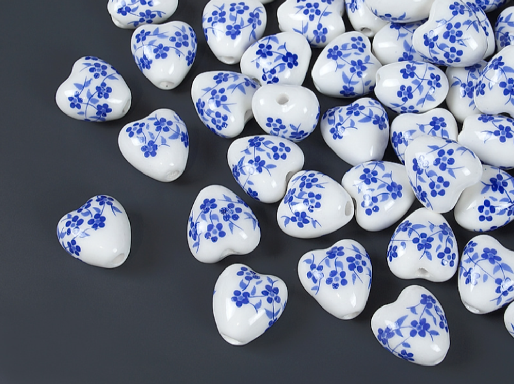 7411-гж Керамическая бусина "Сердце" 12мм, гжель