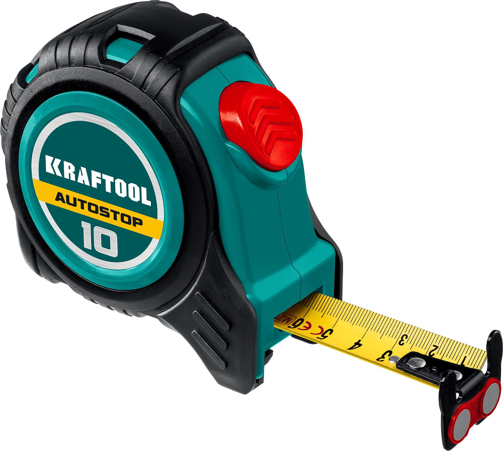 Рулетка 10 м х 25 мм строительная KRAFTOOL AutoStop, двустороннее полотно.