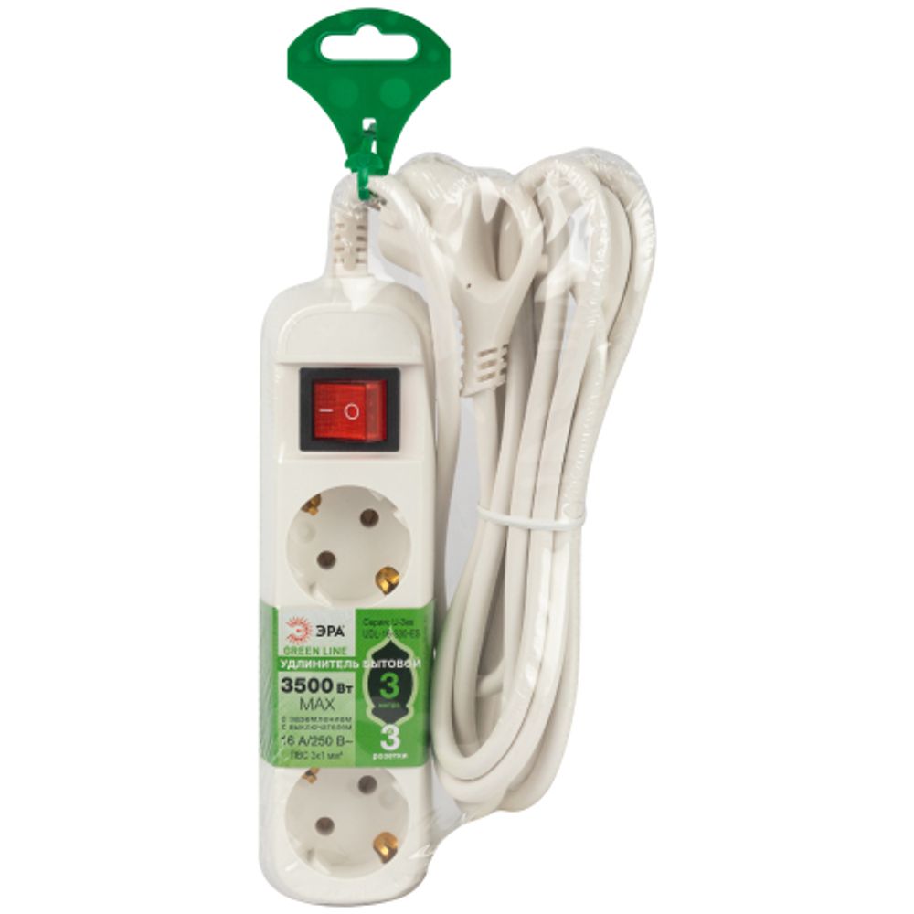 Удлинитель электрический ЭРА UDL-16-330-ES Greenline 3 розетки с заземлением с выключателем 3м ПВС 3x1мм2 | Бытовые удлинители