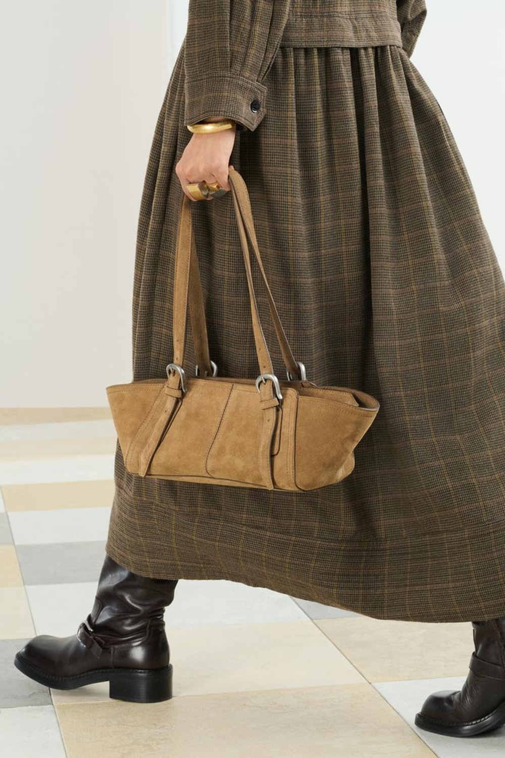 ZARA ПЛАТЬЕ МИДИ В КЛЕТКУ, КОРИЧНЕВЫЙ