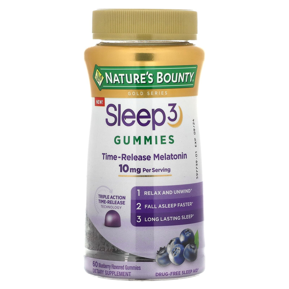 Nature's Bounty, 3 жевательные таблетки для сна, со вкусом голубики, 60 жевательных таблеток