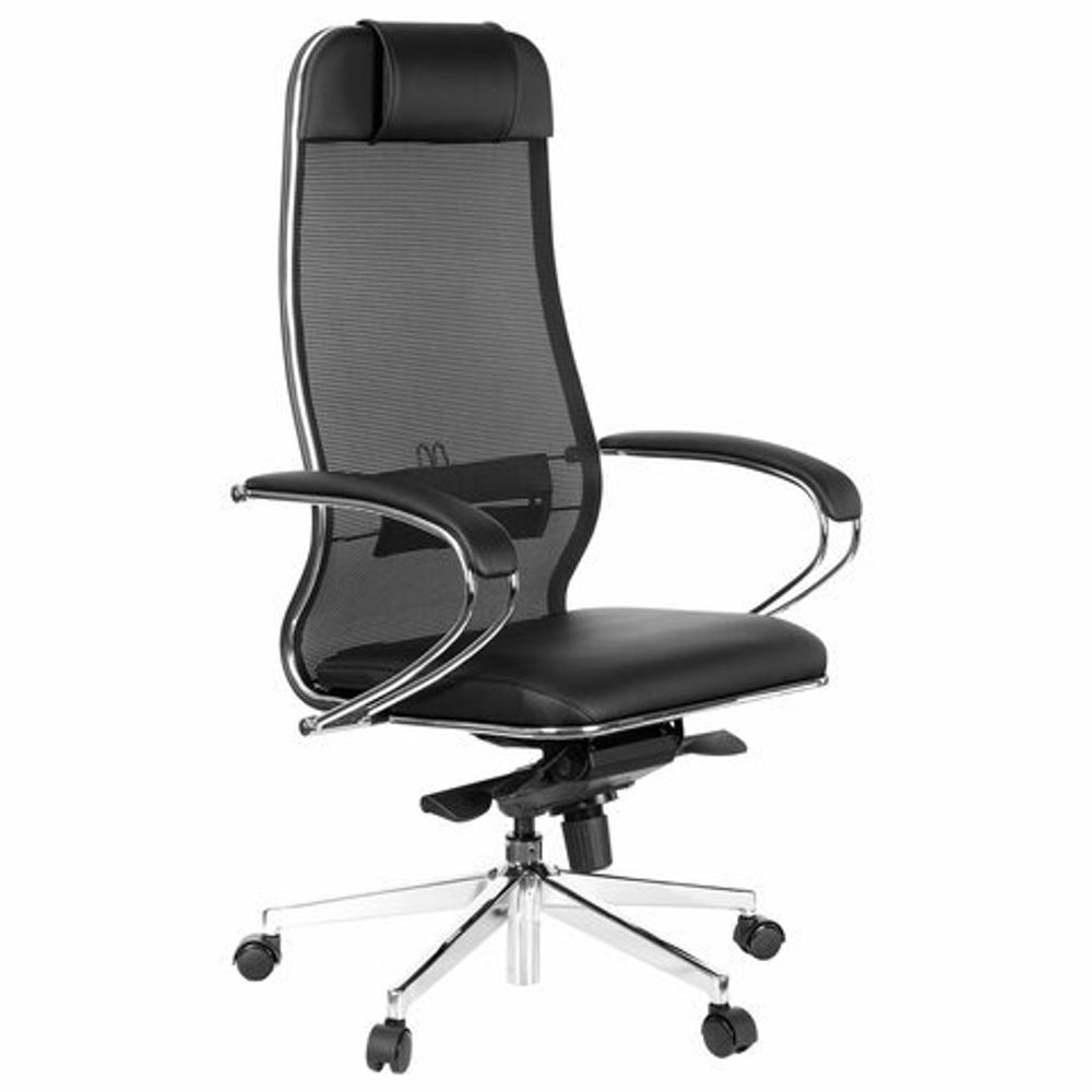 Кресло офисное МЕТТА "ErgoLife" Comfort, хром, сиденье мягкое, ткань-сетка/экокожа, черное