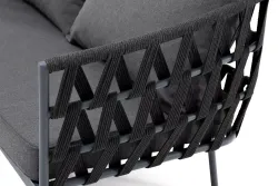 "Диего" диван 2-местный плетеный из роупа, каркас алюминий темно-серый (RAL7024) муар, роуп темно-серый круглый, ткань темно-серая 027
