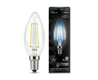 Лампа Gauss Filament Свеча E14 7W(580lm) 4100K 4K прозрачная 97x35 филамент (нитевидная), 103801207