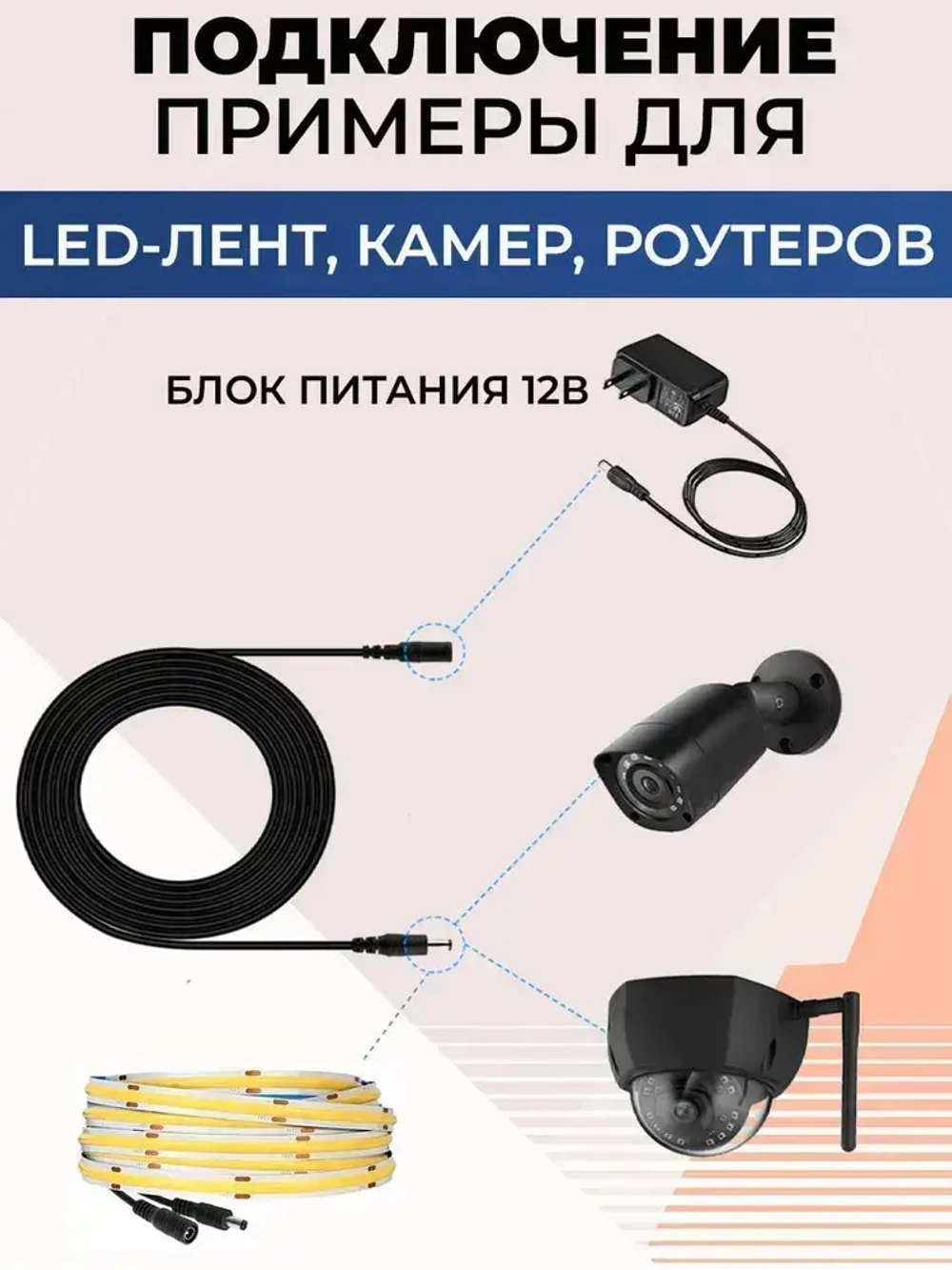 Удлинитель питания штекер 5.5х2.1мм. для видеокамер, роутеров, светодиодных лент и других устройств, провод 5 м.