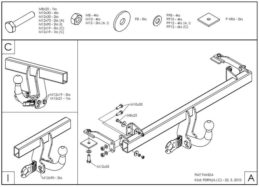 Оцинкованный фаркоп на FIAT Panda 2WD/4WD 2003-2012 (без электрики), Galia F089A