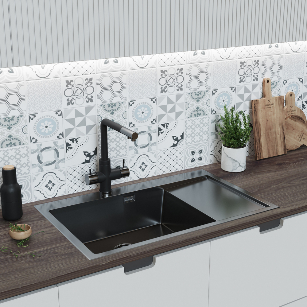 Мойка настол.монтаж 78х50 (3,0) лев. вып 3 1/2  MIXLINE PRO с ФАСКОЙ 20см с сифоном (черный графит)