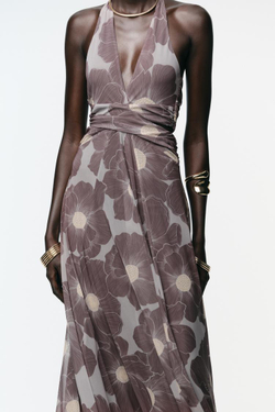 ZARA ДЛИННОЕ ПЛАТЬЕ ИЗ ТЮЛЯ С ПРИНТОМ И ВЫРЕЗАМИ, СЕРО-КОРИЧНЕВЫЙ