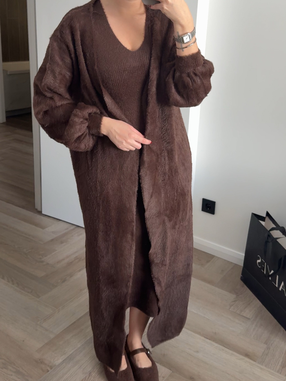 Кардиган вязаный, пушистый, длинный