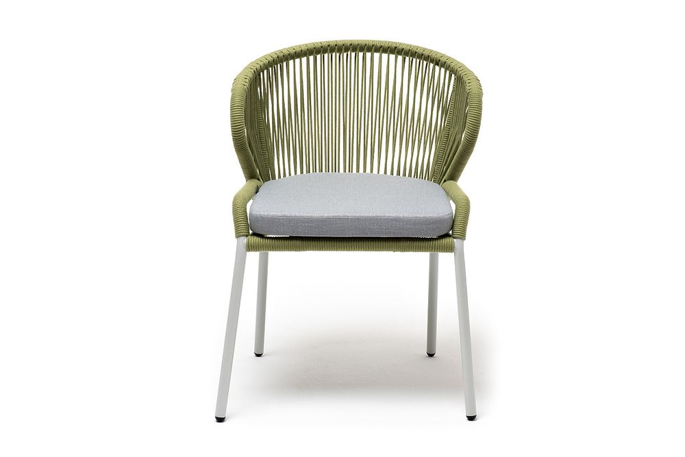 "Милан" стул плетеный из роупа, каркас алюминий светло-серый (RAL7035) муар, роуп салатовый меланж круглый, ткань светло-серая
