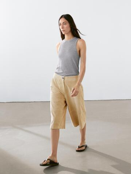 Massimo Dutti Длинные замшевые шорты, бежевый